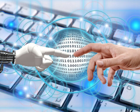 robot människa AI hand händer maskin teknologi