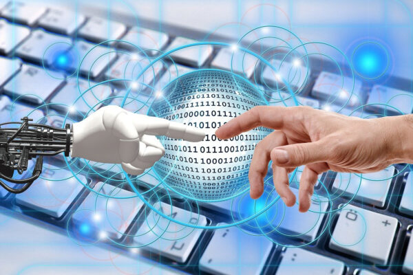 robot människa AI hand händer maskin teknologi