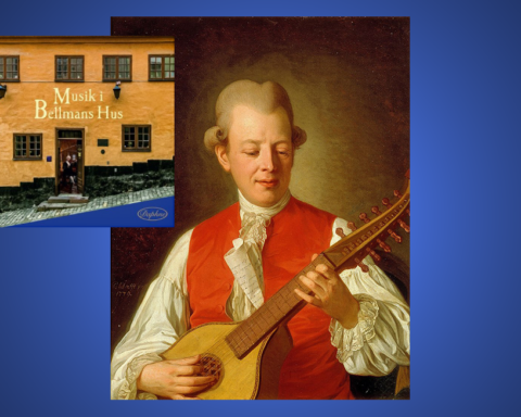 "Musik i Bellmans hus" heter ett aktuellt album. Målningen: Carl Michael Bellman iklädd hovdräkt, spelande på en halscittra. Porträtt av Per Krafft 1779. (Bildkälla: Wikipedia)
