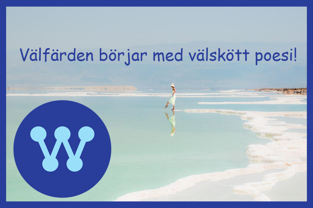 Välfärden börjar med välskött poesi! Strandbild. Uppochnervänd M-logotyp.Text: iodine Jupiter. (Montage: C Altgård / Opulens. Bakgrundsbild: Pixabay.com)