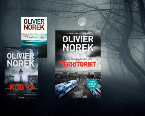 Olivier Noreks ”Ytspänning”, ”Kod 93” och ”Territoriet”. Montage: Opulens. Bakgrundsbild: Pixabay.com