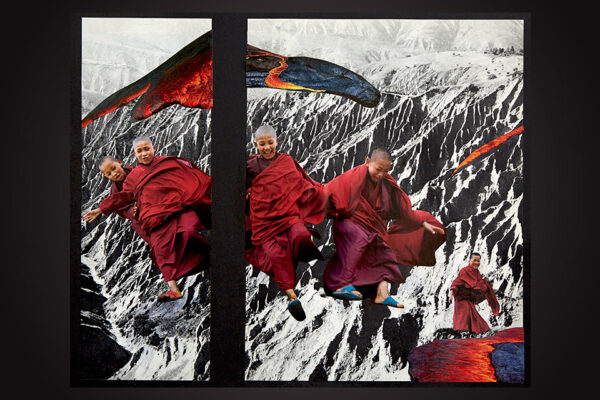 "Fritt fall." Konstverk av Hilda Hellwig i collageteknik.