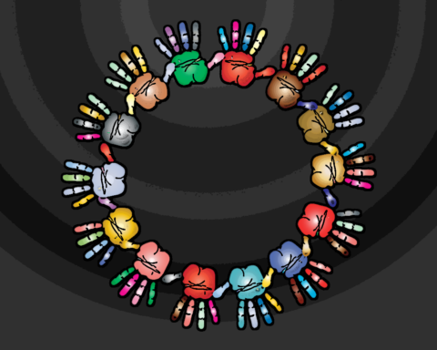händer, händer i cirkel, färglada händer