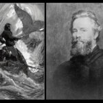 T v: En illustration till Moby Dick i Charles Scribner's Sons, New York, utgåva 1902. T h: Herman Melville. Porträtt med Joseph Oriel Eatons originalbild som förlaga. (Bildkälla: Wikimedia commons)