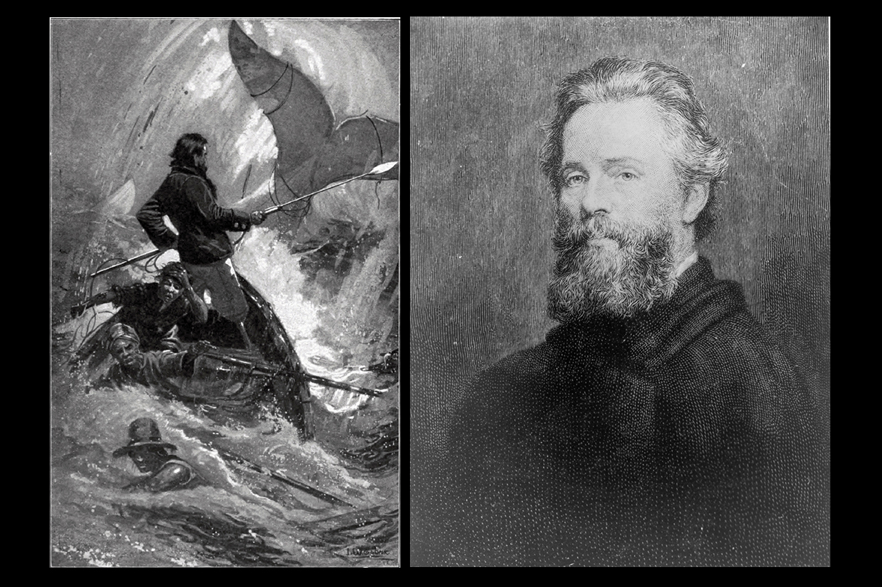 T v: En illustration till Moby Dick i Charles Scribner's Sons, New York, utgåva 1902. T h: Herman Melville. Porträtt med Joseph Oriel Eatons originalbild som förlaga. (Bildkälla: Wikimedia commons)