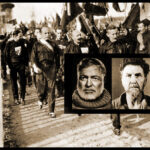 Mussolini marscherar mot Rom 1922. Infällda i bilden är t v Ernest Hemingway, som tidigt varnade för fascismen och hans vän Ezra Pound som gick motsatt väg och hyllade Mussolini och den fascistiska ideologin. (Bildkälla: Wikimedia commons. Montage: Opulens.)