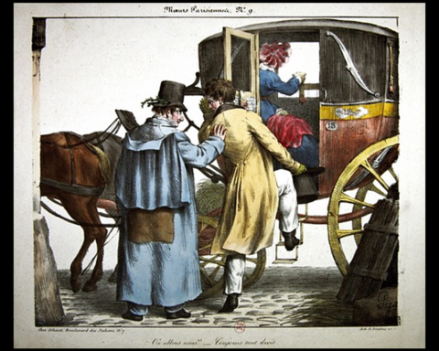 Mannen som klättrar in i droskan efter damen skulle kunna vara Léon i Gustave Flauberts roman Madame Bovary från 1857, men bilden ingår i serien ”Parisiska sedvänjor” av Edme-Jean Pigal från 1825. Kusken frågar ”Vart skall vi?” och får svaret ”Rakt fram hela tiden!”
