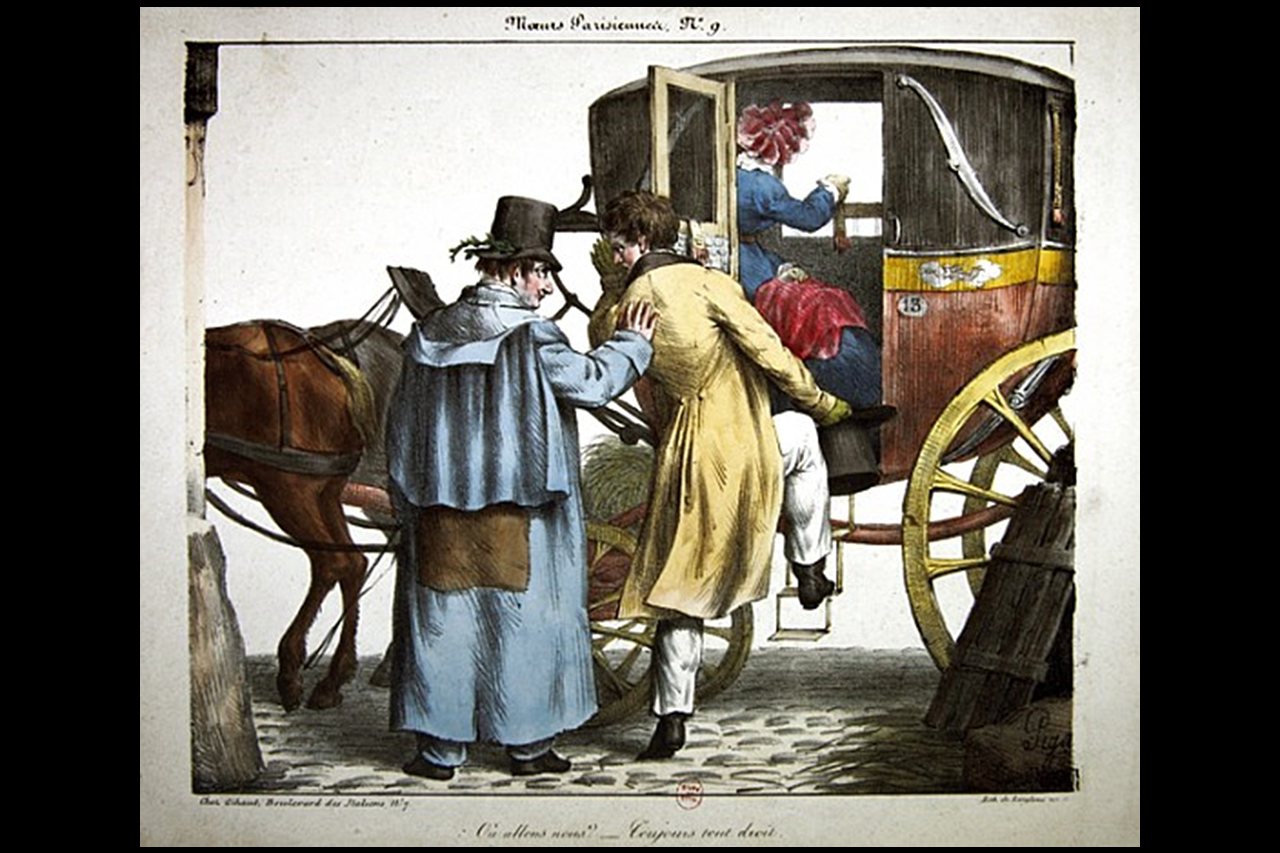 Mannen som klättrar in i droskan efter damen skulle kunna vara Léon i Gustave Flauberts roman Madame Bovary från 1857, men bilden ingår i serien ”Parisiska sedvänjor” av Edme-Jean Pigal från 1825. Kusken frågar ”Vart skall vi?” och får svaret ”Rakt fram hela tiden!”