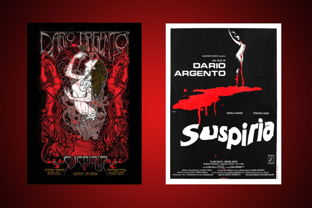 Två affischer för den klassiska skräckfilmen Suspiria av Dario Argento. (Montage: Opulens)
