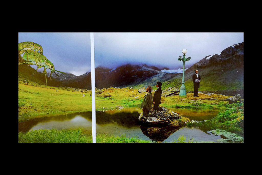 "Bröllop i det gröna." Konstverk av Hilda Hellwig i collageteknik.