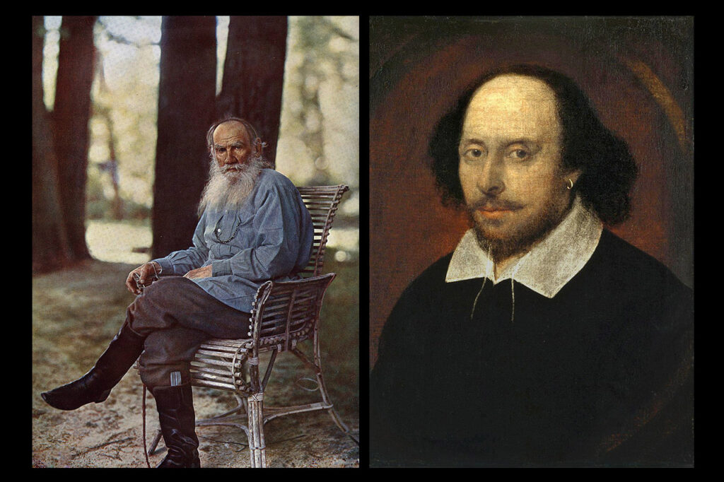 T v: Leo Tolstoj, färgfoto från 1908. T h: Porträtt som anses föreställa William Shakespeare, daterat omkring 1610. (Bildkälla: Wikipedia)