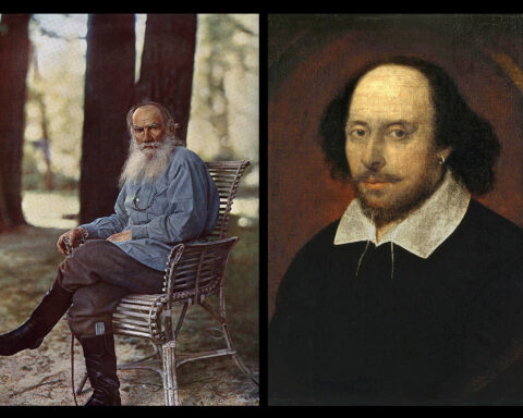T v: Leo Tolstoj, färgfoto från 1908. T h: Porträtt som anses föreställa William Shakespeare, daterat omkring 1610. (Bildkälla: Wikipedia)