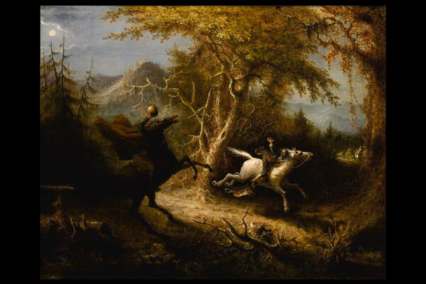 "The Headless Horseman Pursuing Ichabod Crane" (1858). Målning av den amerikanske konstnären John Quidor, som avbildar en scen i Washington Irvings novell från 1820, "The Legend of Sleepy Hollow".