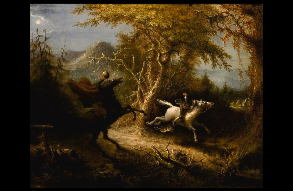 "The Headless Horseman Pursuing Ichabod Crane" (1858). Målning av den amerikanske konstnären John Quidor, som avbildar en scen i Washington Irvings novell från 1820, "The Legend of Sleepy Hollow". 