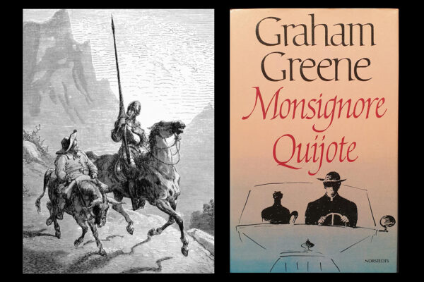 T v: Gustave Doré: Don Quijote de La Mancha and Sancho Panza, 1863. (Bildkälla: Wikimedia commons) Till höger: Omslaget till Graham Greenes roman Monsignore Quijote i den svenska översättningen på Norstedts förlag.