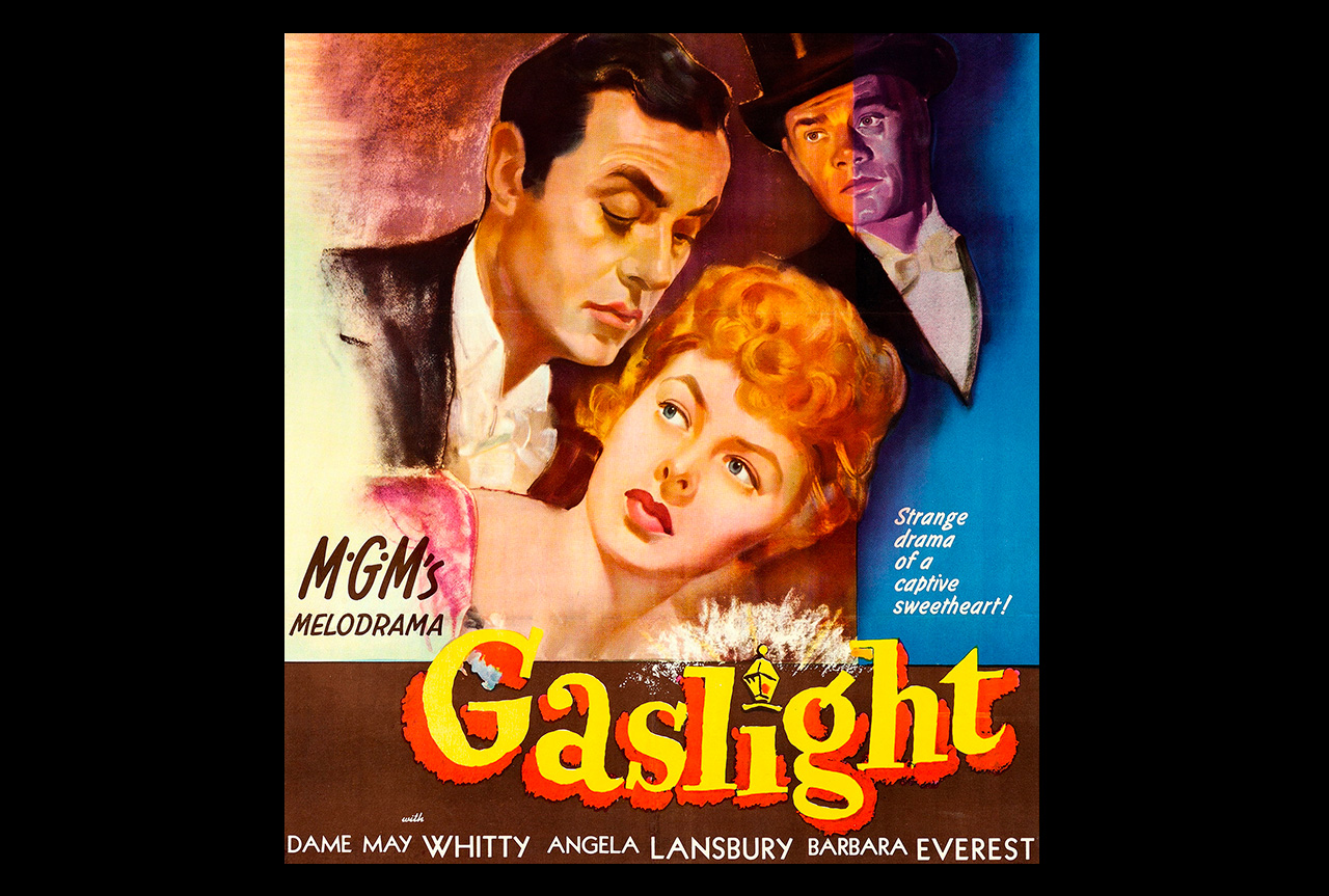 Affischen för filmen "Gaslight", 1944.(bilden starkt beskuren) med Charles Boyer, Ingrid Bergman och Jospeh Cotten i huvudrollerna. På svenska är titeln "Gasljus". (Bildkälla: Wikipedia)