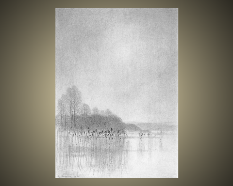 Blyertsteckning, som ingår i en svit med namnet Vår vid Ringsjön av Gunnar Norrman (1912-2005). Omslagsbild på boken "Kring Ringsjön".