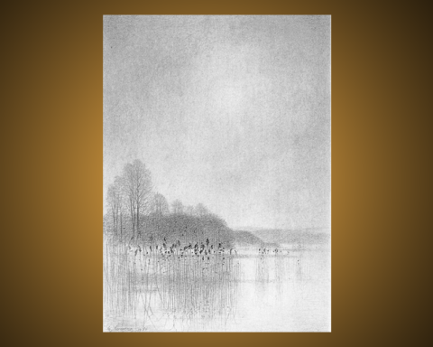 Blyertsteckning, som ingår i en svit med namnet Vår vid Ringsjön av Gunnar Norrman (1912-2005). Omslagsbild på boken "Kring Ringsjön".