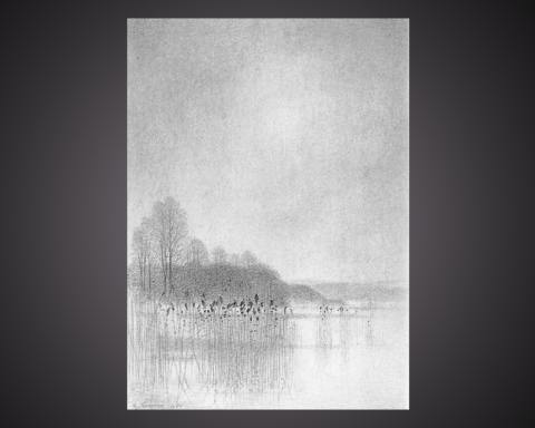 Blyertsteckning, som ingår i en svit med namnet Vår vid Ringsjön av Gunnar Norrman (1912-2005). Omslagsbild på boken "Kring Ringsjön".