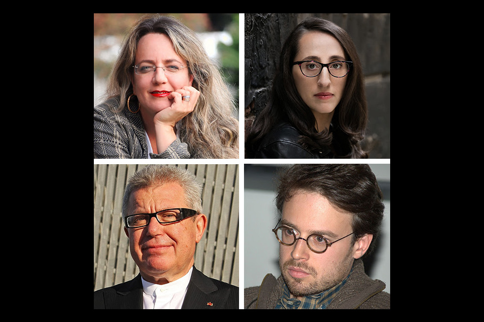 Fr v, överst: Hila Blum, Judy Batalion, Fr v, underst: Daniel Libeskind och Joshua Cohen är klara för Bokmässan 2023. (Hila Blum / Foto: Omer Armoni, Judy Batalion / Foto: Beowulf Sheehan, Daniel Liebeskind / Foto: © Bundeswehr / Mandt / CC by 2.0, Joshua Cohen / Foto: David Shankbone / CC by 3.0 /)