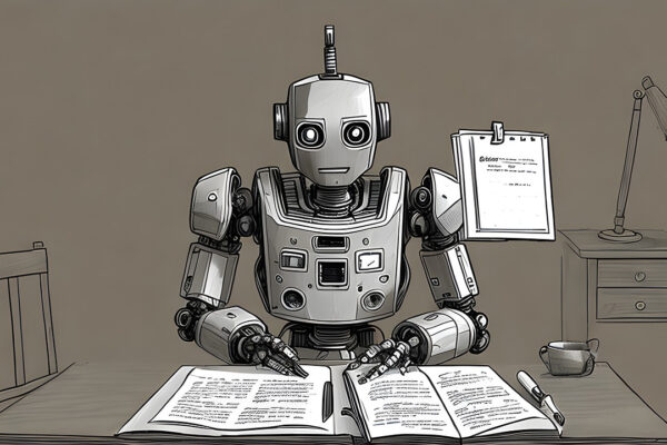 En robot läser korrektur. AI-genererad bild från Pixabay.com.