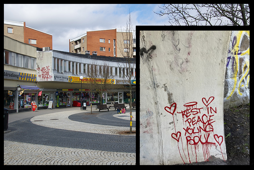 Montage: Opulens. (Grundbild: Rågsveds centrum. Fotokälla: Wikipedia. Graffitifoto: Eric Cardelús.)