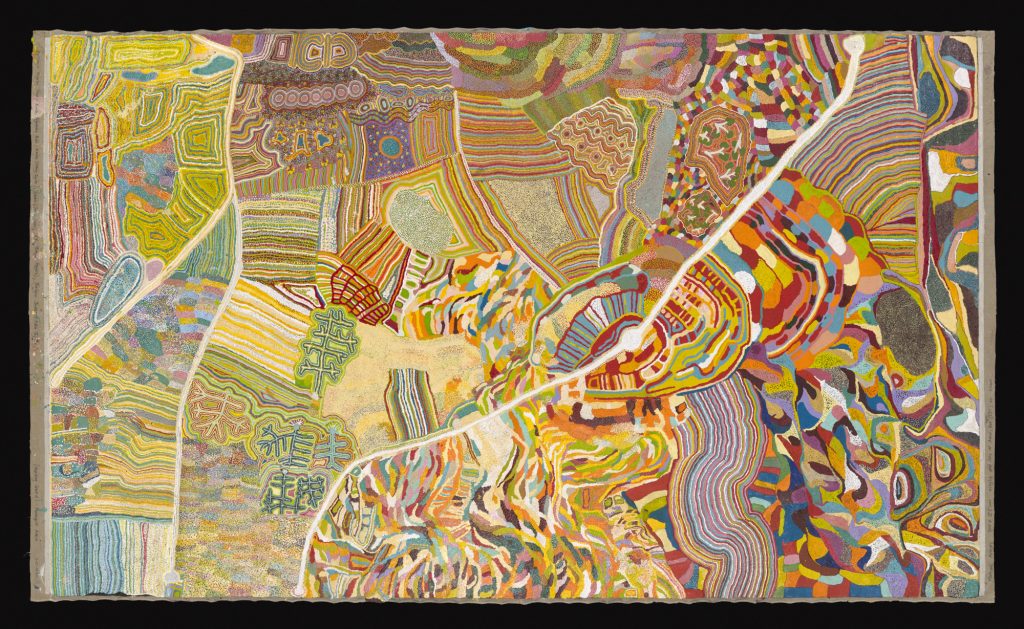 Yarrkalpa (Hunting Ground) 2013 by Kumpaya Girgirba, Yikartu Bumba, Kanu Nancy Taylor, Ngamaru Bidu, Janice Yuwali Nixon, Reena Rogers, Thelma Judson and Nola Ngalangka Taylor, Martumili Artists © the artists – Image National Museum of Australia