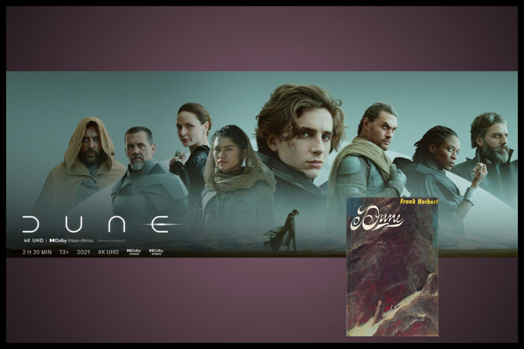 I bakgrunden vinjettbilden till "Dune" som just nu kan ses på HBO Max. I förgrunden förstaupplagan av Frank Herberts roman "Dune", från 1965.