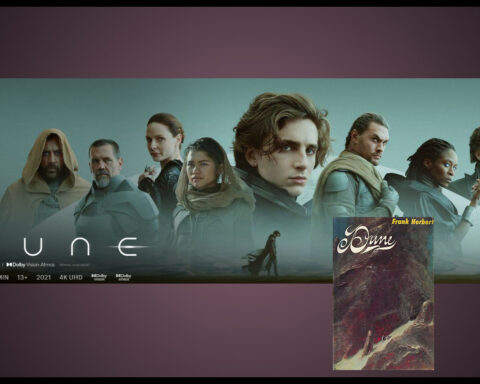 I bakgrunden vinjettbilden till "Dune" som just nu kan ses på HBO Max. I förgrunden förstaupplagan av Frank Herberts roman "Dune", från 1965.