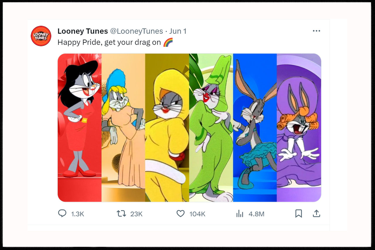 Snurre Sprätt som dragshowstjärna. Skärmdump från Looney Tunes konto på X (f d Twitter)