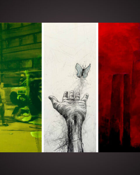 Utställning. Affischbild för utställningen på Galleri M med verk av Ingrid Forfang, Orion Righard och Pelle Ossler.