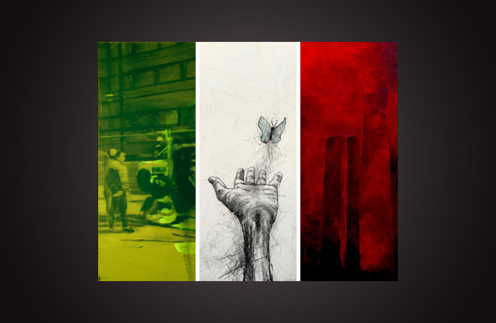 Utställning. Affischbild för utställningen på Galleri M med verk av Ingrid Forfang, Orion Righard och Pelle Ossler.