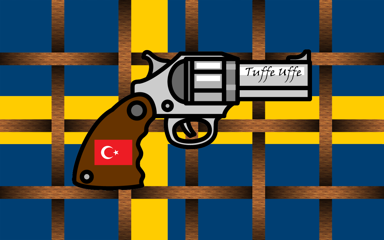 SATIR. Samuel Andersson har skrivit en dagsvers om att Ulf Kristersson tagit emot en namnad revolver i gåva från Erdogan.
